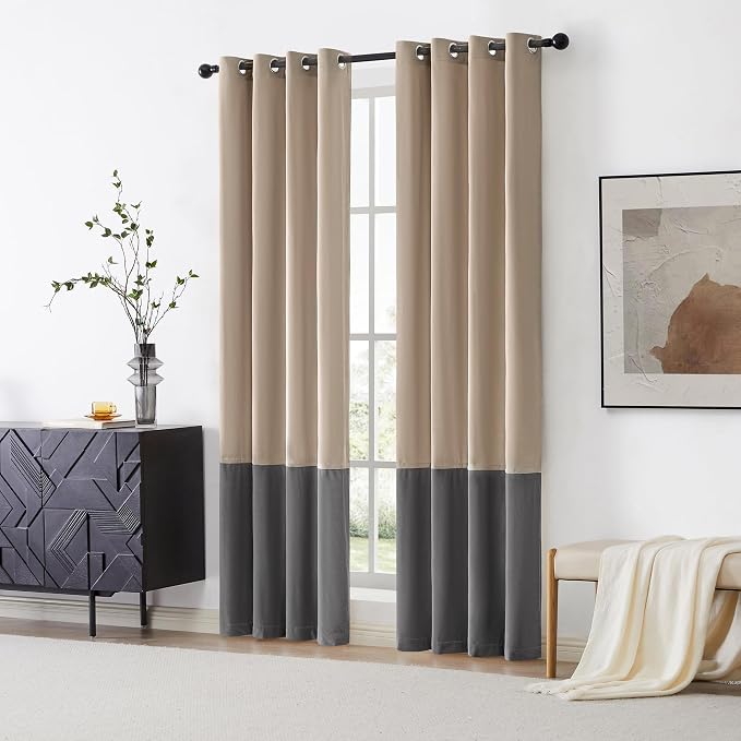 BULBUL Luxury Color Block Velvet Curtains 90 inch Long- Champagne Gray | Modern - Image 6