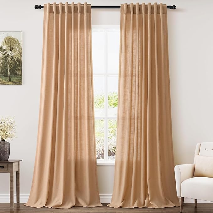 Camel Linen Curtains for Living Room 95 Inches Long Back Tab and Rod Pocket by Nanspring