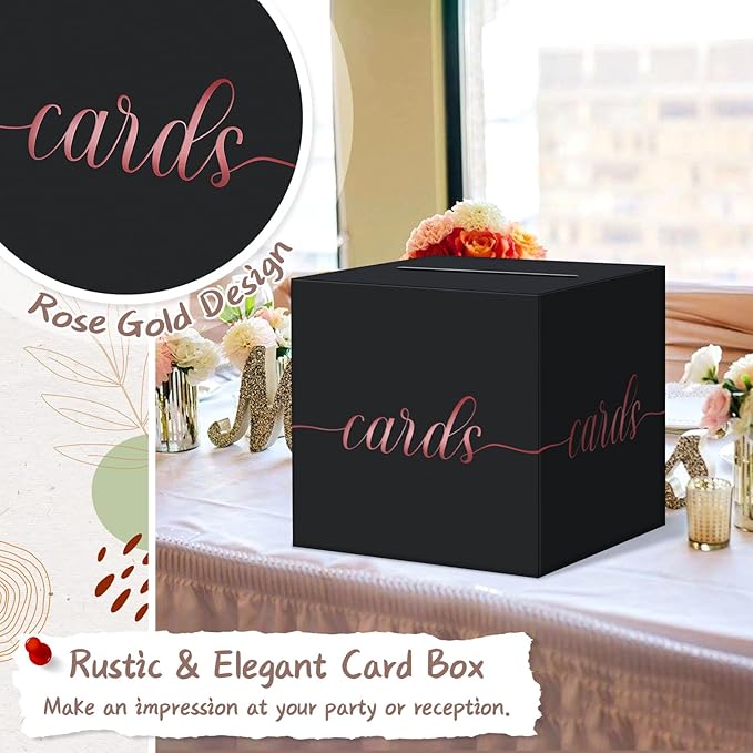 QIKSION Black Wedding Card Box, Rose Gold Foil Gift Card Box for Party, Wedding Reception, Graduation, Birthday, Baby Shower, Raffle
