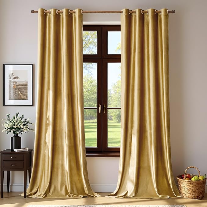 BULBUL Velvet Gold Blackout Curtains 96 inch Long by ModernShinyVelvetCurtains