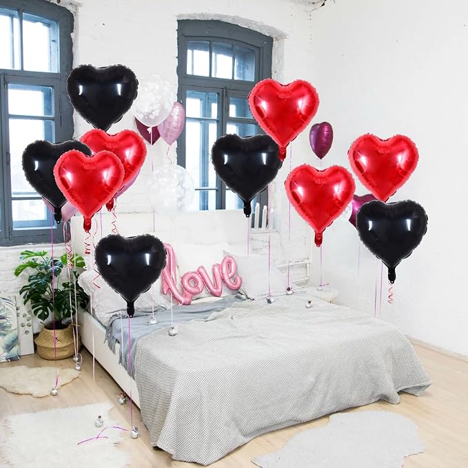 TONIFUL 30 Pcs Red Black Heart Balloons 18 Inch Heart Shape Foil Balloon | - Image 5