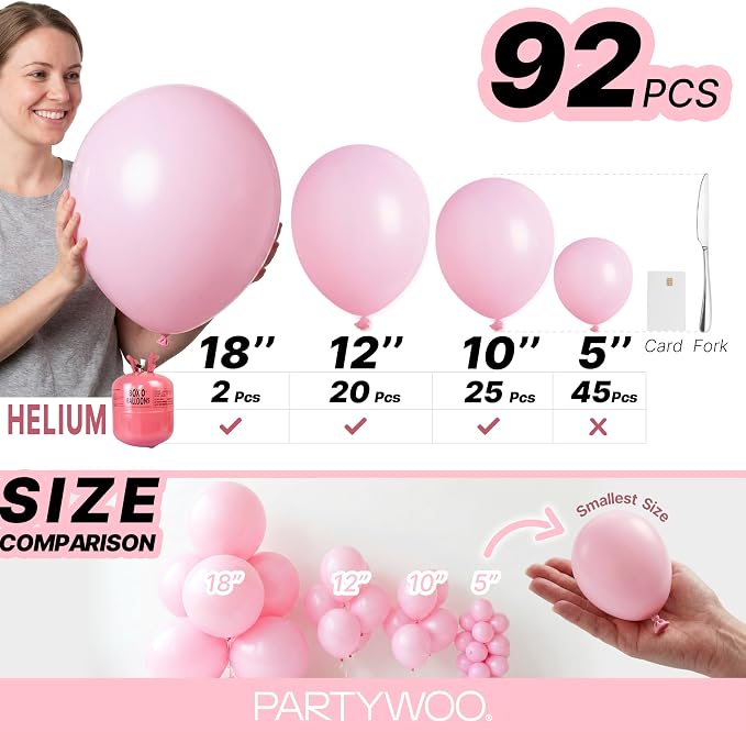 PartyWoo Baby Pink Balloons 92 pcs Different Sizes of 18 12 10 5 Inch Pastel - Image 6