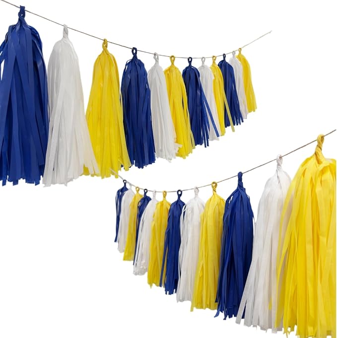 15pcs Royal Blue Yellow and White Paper Tassel Garland Banner, Tissue Paper by Autupy