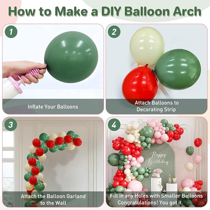 Sage Green Pink Red Balloon Arch Garland Kit - Image 3