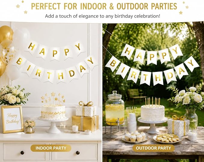 Letjolt White Golden Happy Birthday Banner Party Decorations 13 Pcs | Sparkle - Image 4
