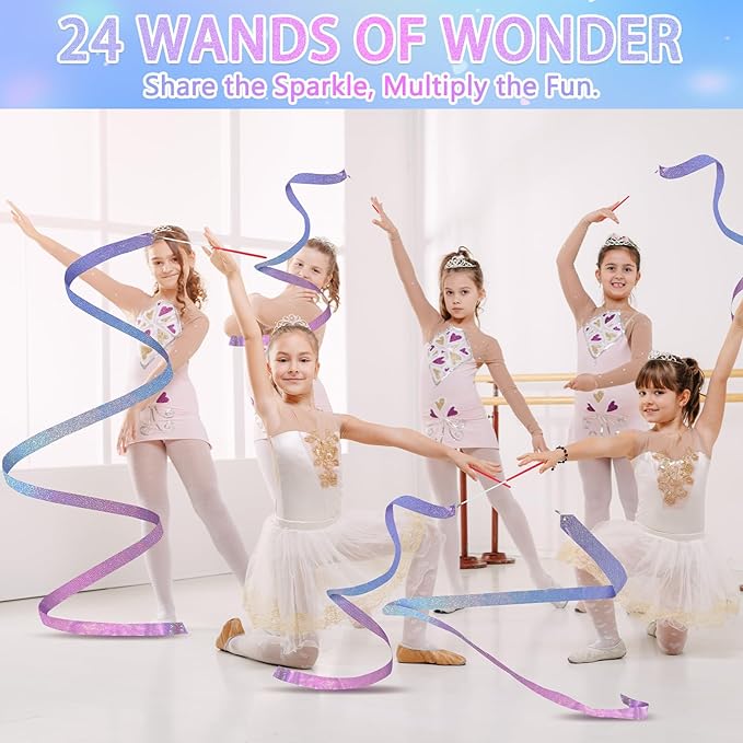 24 Pcs Sparkling Dance Ribbon for Kids Rhythmic Gymnastics Birthday Party Favors Twirling Streamer for Girl Princess Artistic Dancing Outdoor Game Supplies(Gradient Blue Purple)