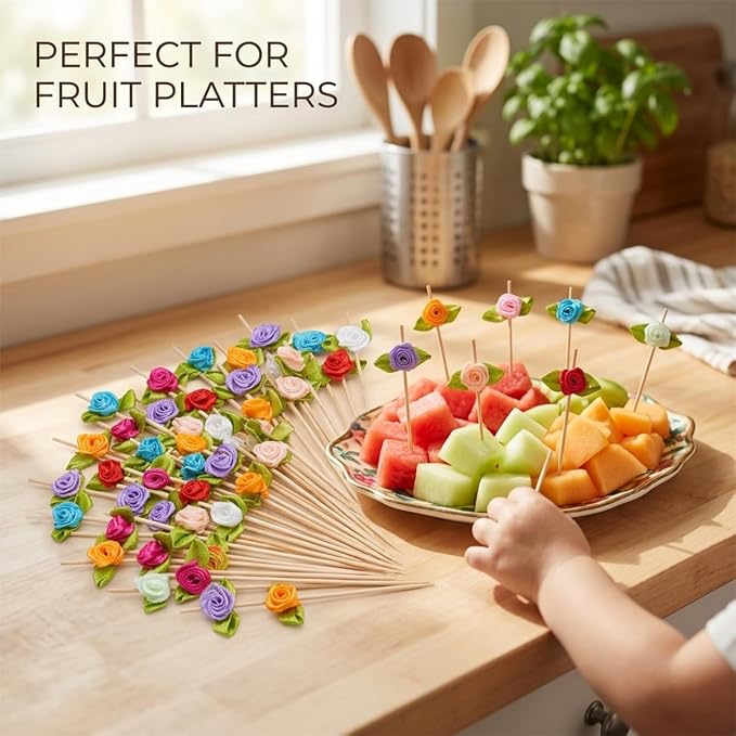 100PCS 4.7" Flower Cocktail Picks, Ribbon Rose Toothpicks Appetizer Skewers | - Image 6