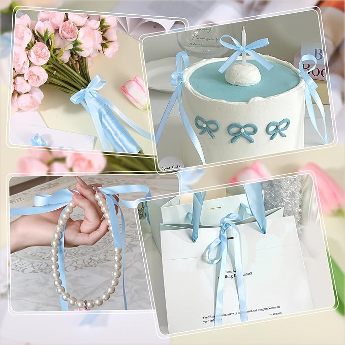 woric 120 Yards Blue Satin Ribbon 3/8 Inch Light Baby Blue Thin Ribbon | - Image 5