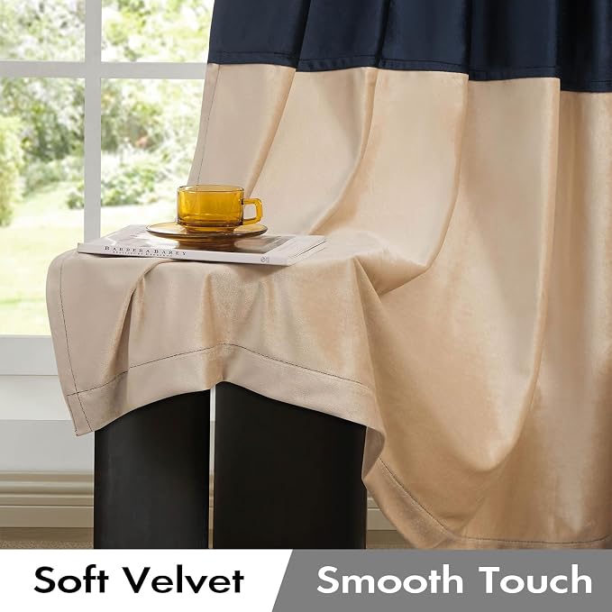 Navy Beige Velvet Blackout Curtains Luxury Decor 84 inches, Color Block | - Image 3