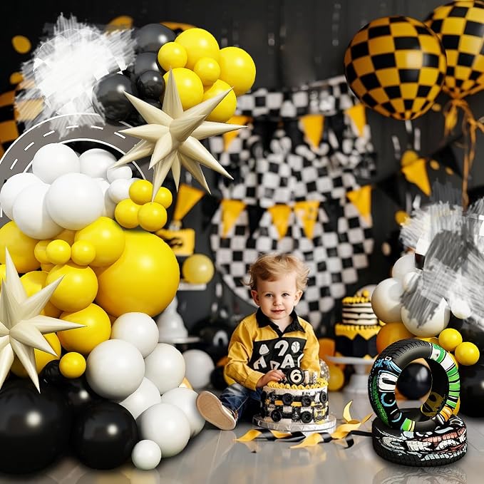 Black and Yellow White Balloon Arch Kit, 18 Inch Checkered Mylar Explosion Star - Image 4