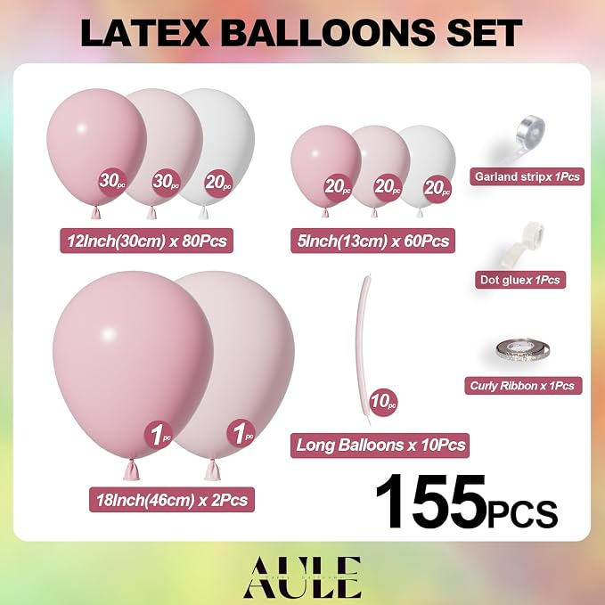 AULE Pink Balloon Arch Kit 155Pcs Light Pink White Balloons | Macaroon Pink - Image 2