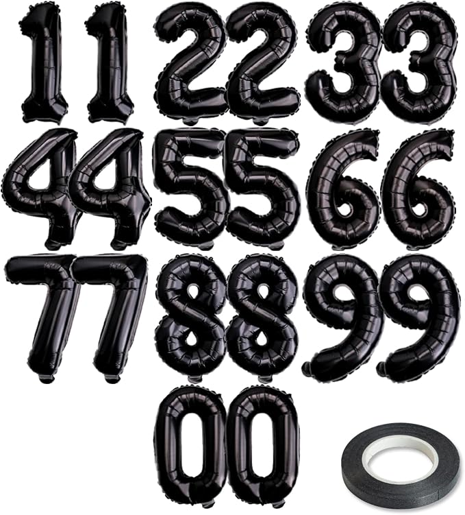 20 Pcs Black 16" Number Balloons 2 Sets 0-9 Foil Balloon Numbers Décor | Glossy by Makeyourpartypop