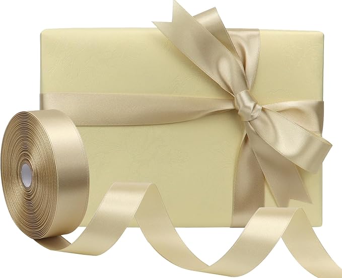 Champagne Solid Satin Ribbon 1 Inch 50 Yards Solid Polyester Fabric Ribbon for Gift Wrapping Wedding Christmas Baby Shower Birthday Party Decoration Handmade Immortal Flower Craft