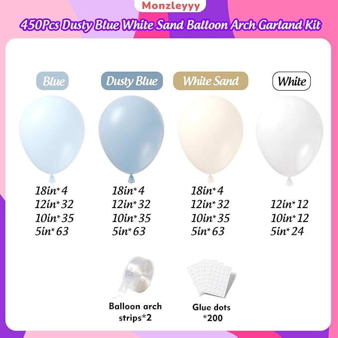 450Pcs Dusty Blue White Sand Balloons Garland Arch Kit - Image 2