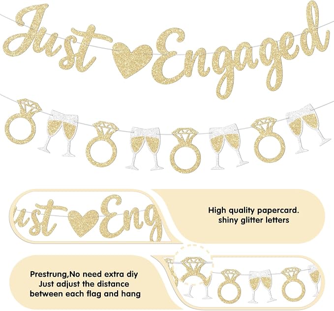 Champagne Gold Just Engaged Banner Prestrung Engagement Party Decorations Happy - Image 3