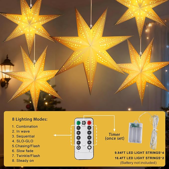 Large Paper Star Lanterns with Lights, 3D Hollow Out Christmas Paper Lanterns - Image 3