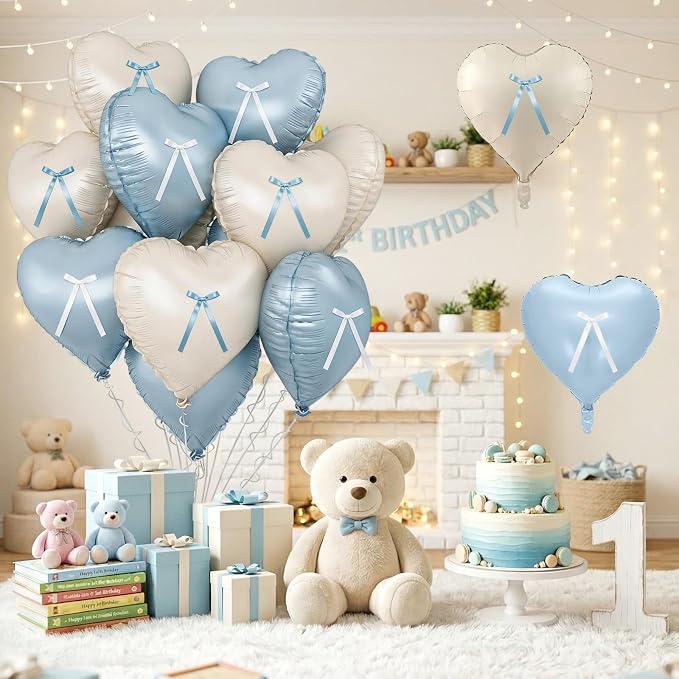 Blue White Heart Balloons with Ribbon Bow, 18 Inch Helium Balloon with Bow - Image 4
