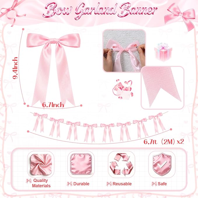 2 Strings Pink Bow Garland Banner Decorations - Image 2