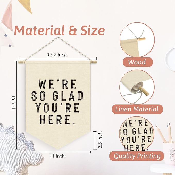 Welcome Sign We're So Glad You're Here Linen Canvas Banner, Teacher Must Haves - Image 7