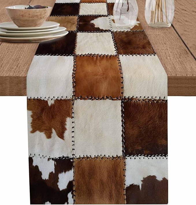 Abstract Cowhides Cotton Linen Table Runner for Dining Kitchen, Wedding Outdoor Party Tablerunners Decoration, Brown Beige Animal Fur Texture Dresser Scarf Coffee Tablecloth Runners 13x108 Inches