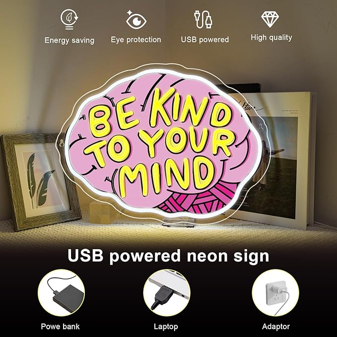 Lucunstar Be Kind To Your Mind Neon Sign Brain Neon Signs Dimmable Led For Wall Decor Be kind Lights For Classroom Home Bedroom Office USB Powered 16.06x12.09in