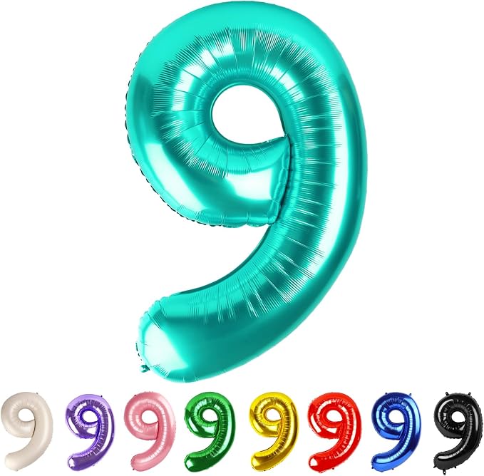 9 Balloon Numbers Party Decorations, 40In Blue-green Balloons by Mluchee