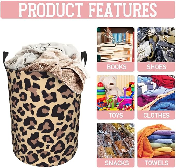 Leopard Print Animal Cheetah Round Laundry Hamper Storage Basket Toys Clothes - Image 5