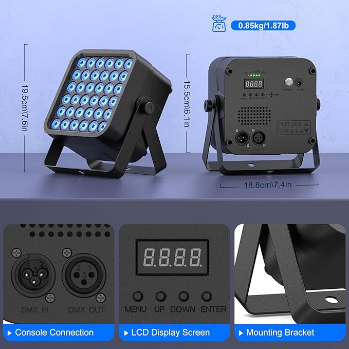 Rechargeable Par Can Lights, 72W RGB 5200mAh Uplights Battery Powered Stage Light, Wireless DJ Lights Sound Activated with Remote & DMX Control for Festivals, Weddings, Bars, Churches, DJ (1 Pack)