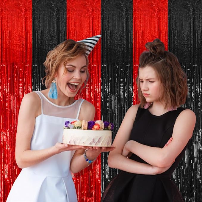 10 Pack Black and Red Party Backdrop Streamers Decorations Foil Fringe Curtains - Image 3