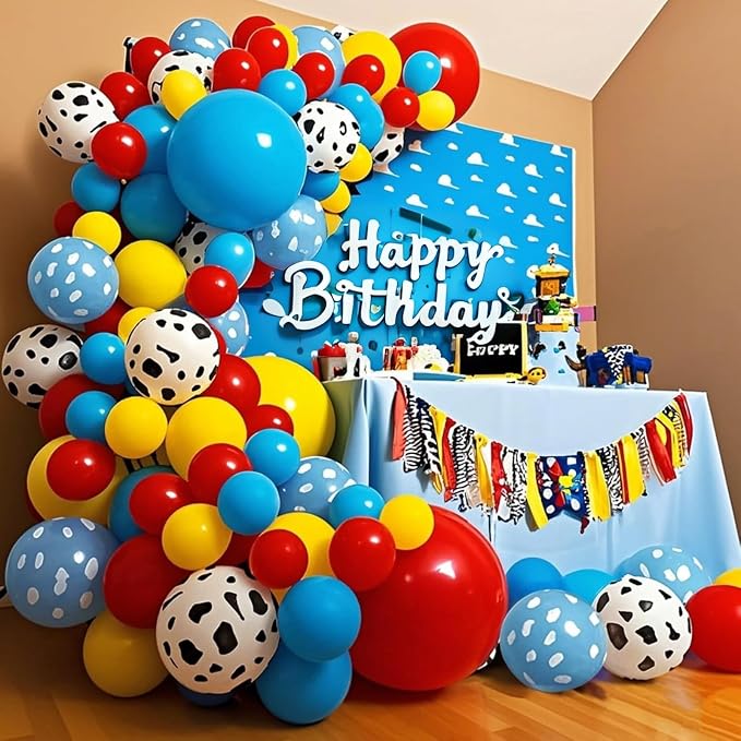 Red Blue Yellow Balloons 12inch Cow Print Sky Blue White Cloud Balloon - Image 2