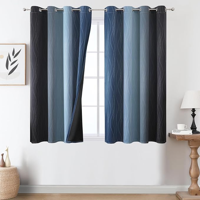 Black and Navy Blue Ombre Blackout Curtains 45 Inch Length, Full Room Darkening by ESTELARTEXTILER