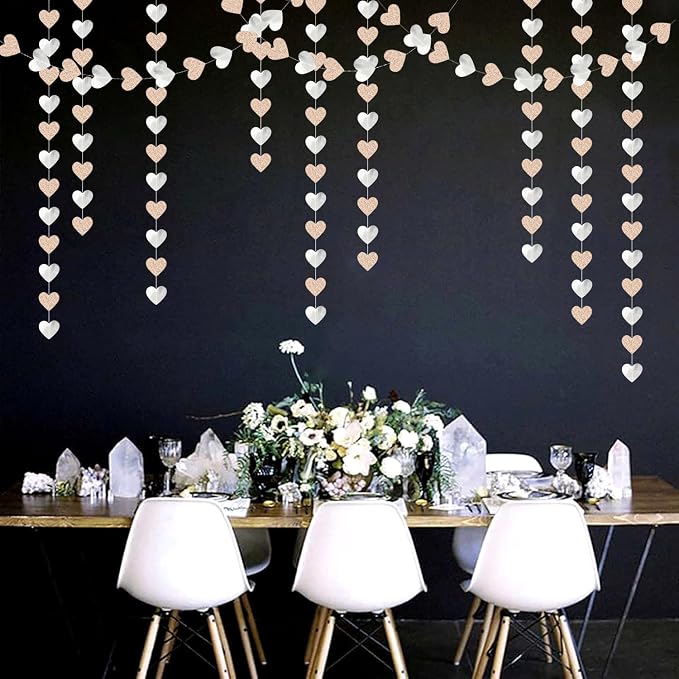 Champagne-Silver Disco Boho Party-Decoration Heart Garland - 52ft Glitter - Image 5