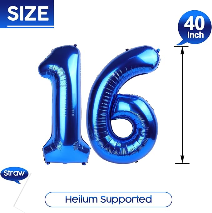 16 Balloon - Metallic Blue Birthday Number Balloons, 40 Inch Decorations | - Image 5