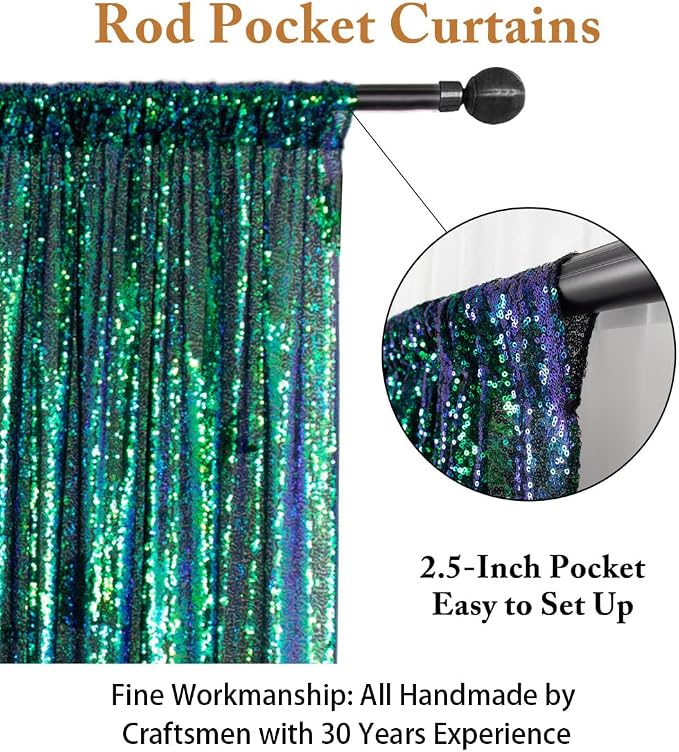 ShinyBeauty Sequin Backdrop Curtain Iridescent Green 2 Panels Sequin Bakdrop - Image 4