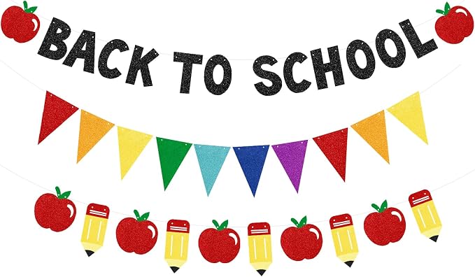 Back to School Party Decorations – Black Glitter Banner, Colorful Triangle by Unknown