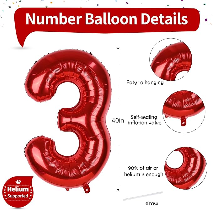 3rd Birthday Number Balloons for Girls Kids, 40 Inch Red Number Balloons 3 - Image 2