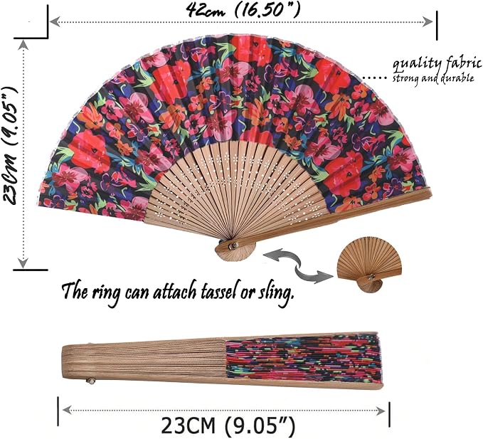 Folding Fan with Beautiful Fabric Printed BlackFlower creme - Image 2