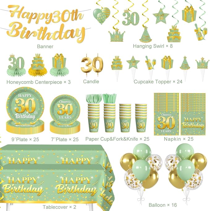 216pcs Yingoto Green Gold 30 Birthday Decorations Tableware Set, 25 Serves | No - Image 2
