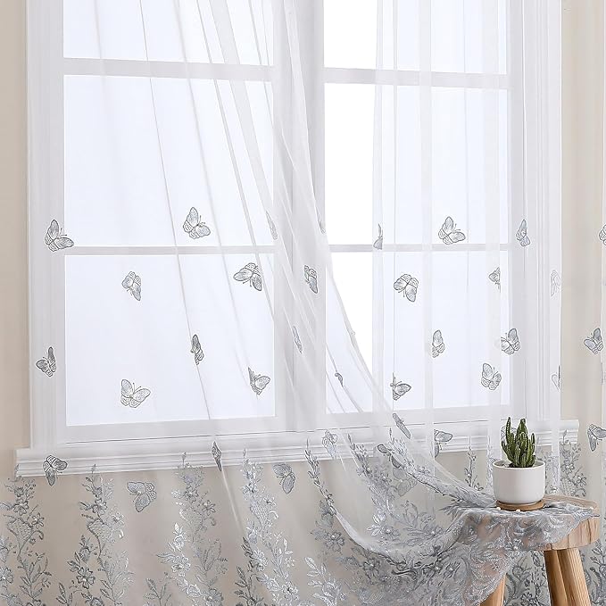 White Sheer Voile Curtains Blue Embossed Butterflies 54Wx96L Inch | Light - Image 6