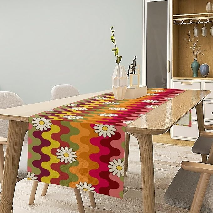 Vintage Floral Table Runner,60s 70s Colorful Retro Abstract Hippie Print Table Runner for Kitchen Dining Table Home Party Decoration 13x90 Inch