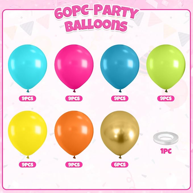 60PCS Tropical Balloons, Hawaiian Balloons, Hot Pink Teal Blue Green Orange - Image 7
