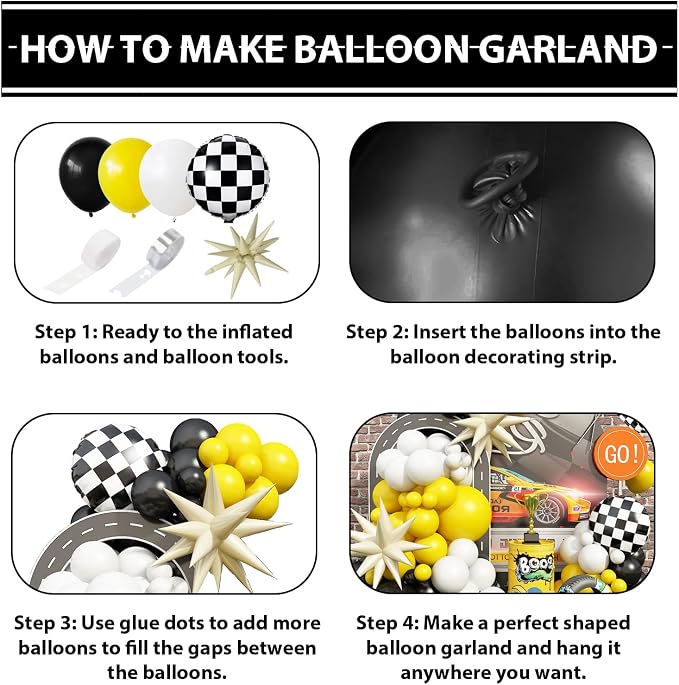 Black and Yellow White Balloon Arch Kit, 18 Inch Checkered Mylar Explosion Star - Image 6