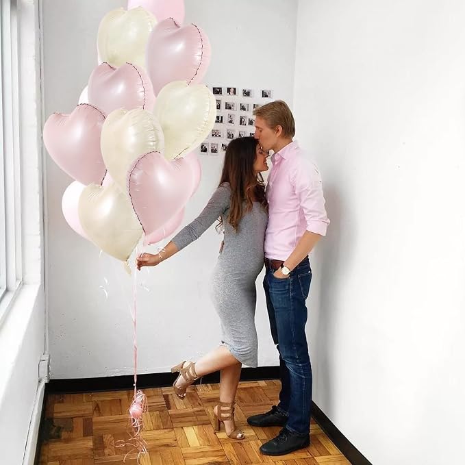TONIFUL 30 Pcs 18 Inch Cream White Pastel Pink Heart Shape Foil Balloons | - Image 3