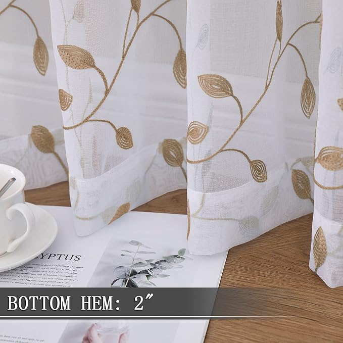 Tollpiz Leaves Short Sheer Curtains Taupe Leaf Embroidery Bedroom Curtain Rod - Image 4