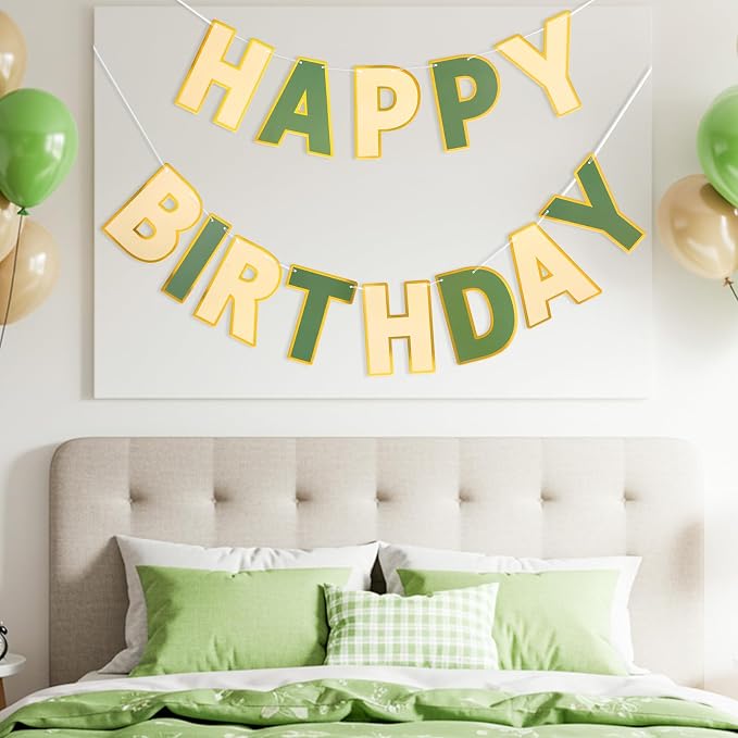 Pre-Strung Happy Birthday Banner Brown Green Party Decorations | adjustable cord - Image 7
