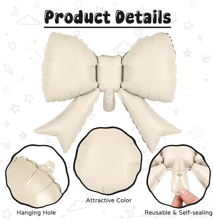 Cream 2 Balloons with Bow Balloons, 40 Inch Giant Self Inflating Beige Foil - Image 4