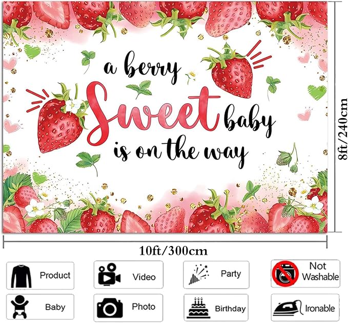 10x8 ft Strawberry Baby Shower Photo Banner Strawberry Girl Baby Shower Newborn - Image 6