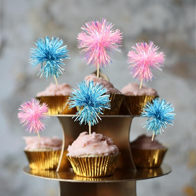 Gyufise 30Pcs Foil Firework Cupcake Toppers Sparkle Tinsel Cake Toppers Tinsel - Image 6