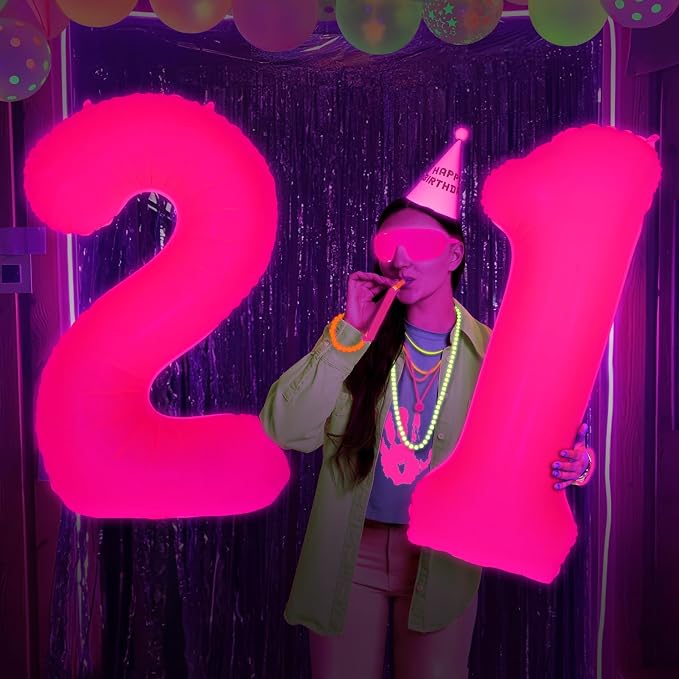 Mega-L Glow in The Dark Party Supplies, 40 Inch Fuchsia Number 8 Balloon | Glow - Image 2