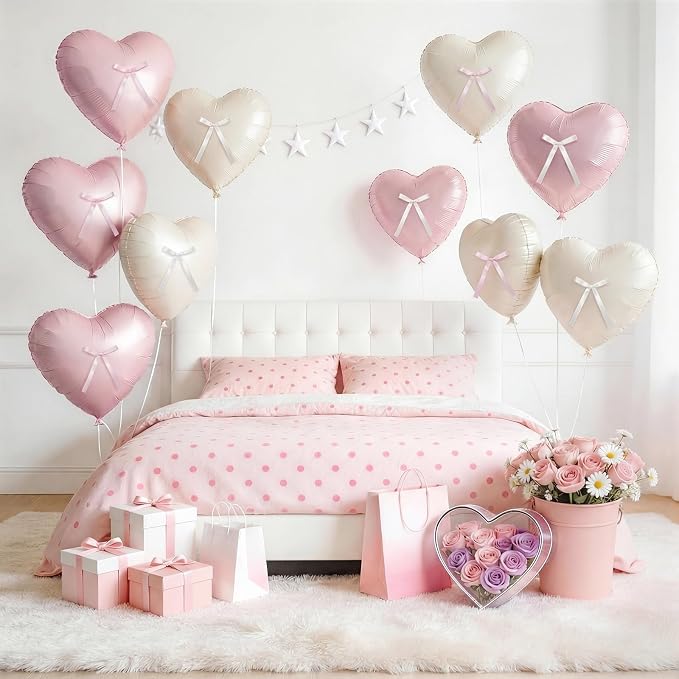 Pink White Heart Balloons with Ribbon Bow, 18In Pastel Nude Light Rosa Helium - Image 6